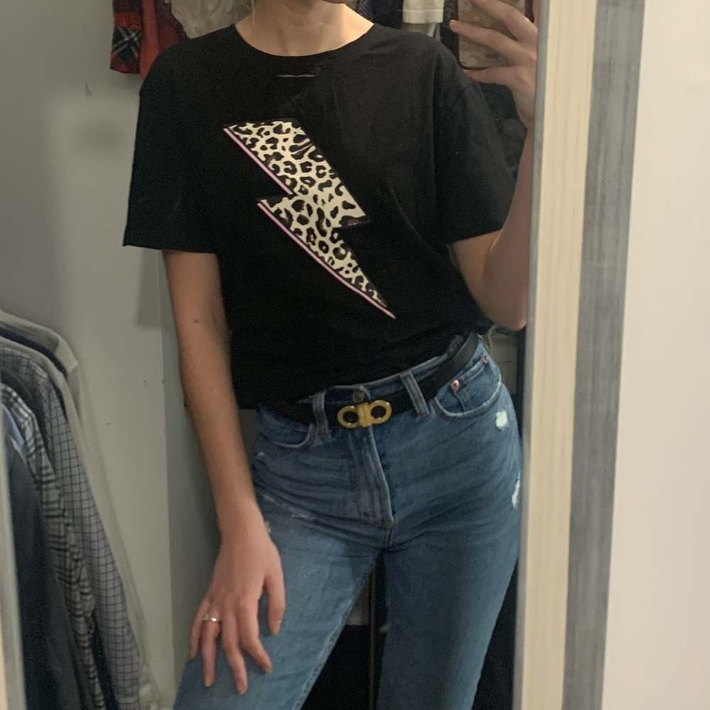 Black Tee w/ Cheetah and Pink Lightening Bolt